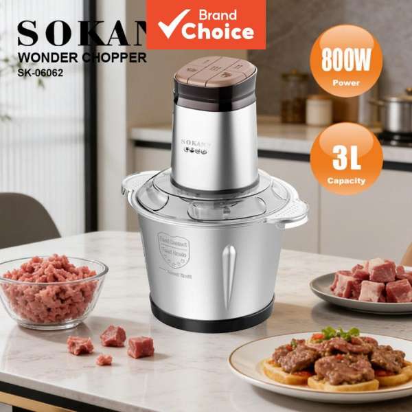 SOKANY 06062 Electric Meat Grinder, stainless steel body, 800W pure copper motor, 3L capacity, 4‑blade fast chop. Great for dumplings, meatballs, fits whole‑family cooking.