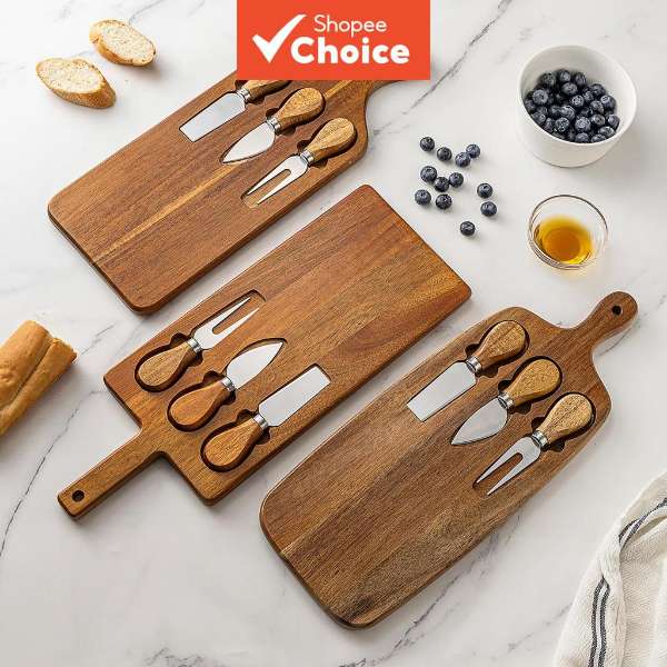 Acacia Wood Cheese Board Set with 3 Stainless Steel Cheese Knives Serving Platter