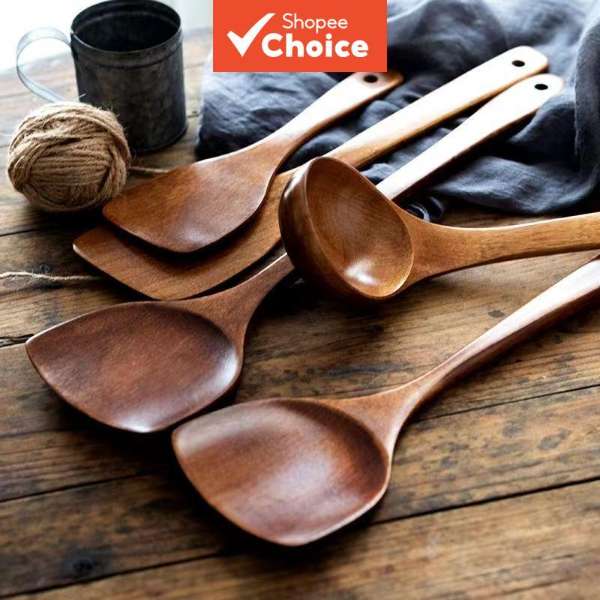 5-Piece Natural Wood Cooking Utensil Set with Smooth Spatulas, Spoons and Hanging Holes for Non-Stick Pans