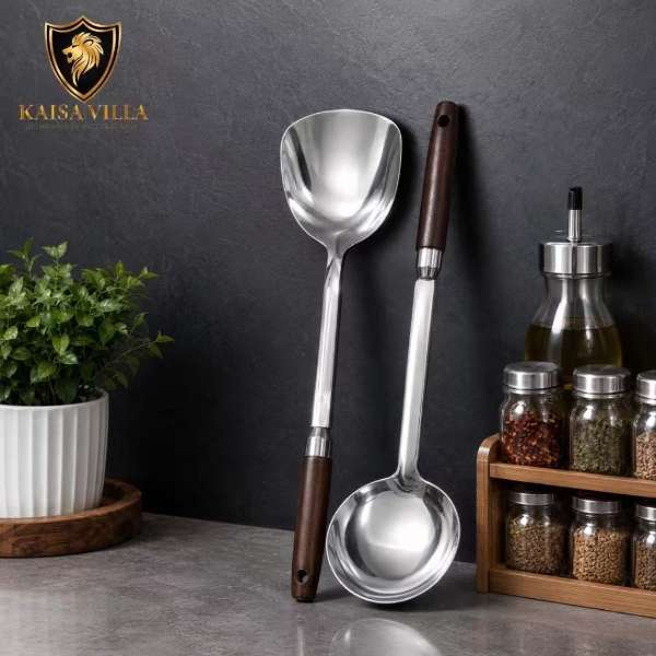 Kaisa Villa CJ-081 2Pcs Pure Stainless Steel Ladle Spatula Set With Wooden Handle Safe.